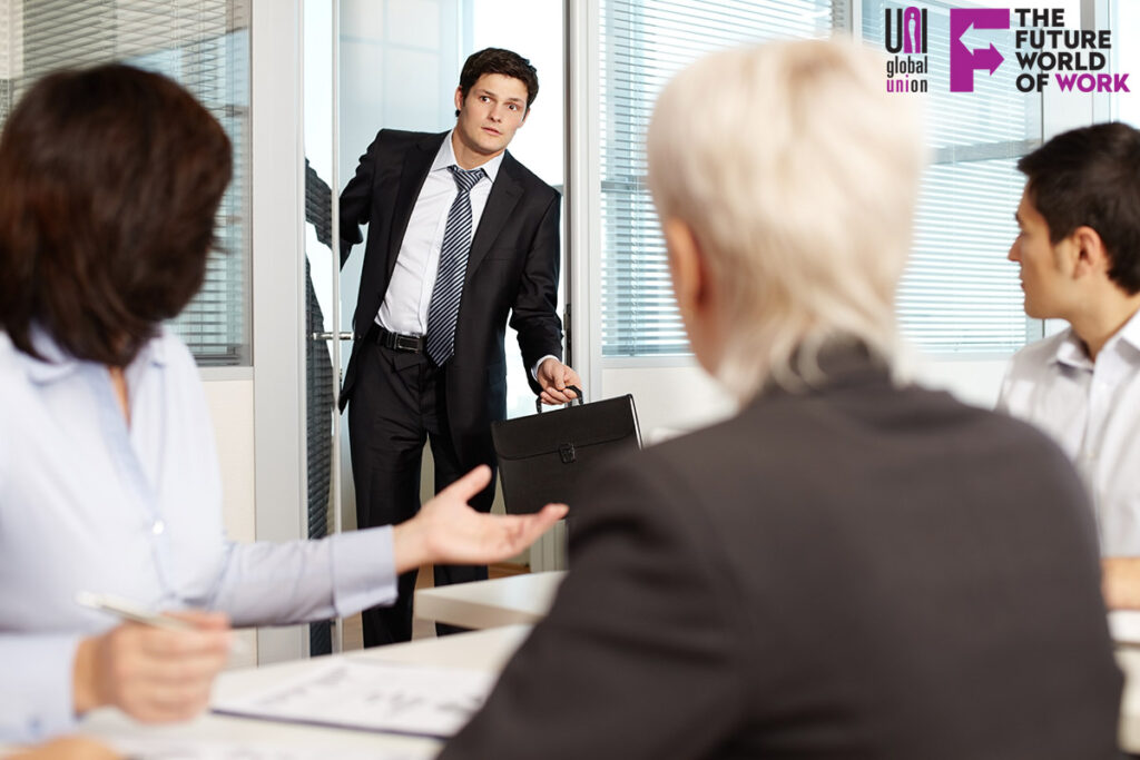 Office worker coming late to meeting