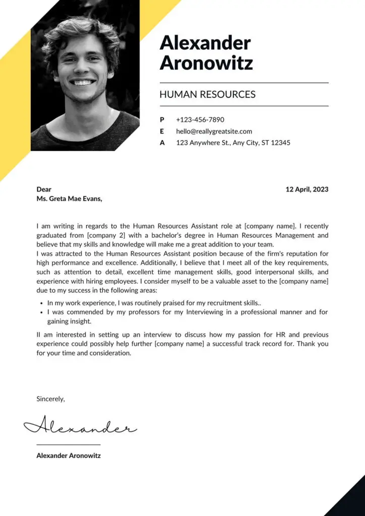 Black Minimalist Human Resources Cover Letter