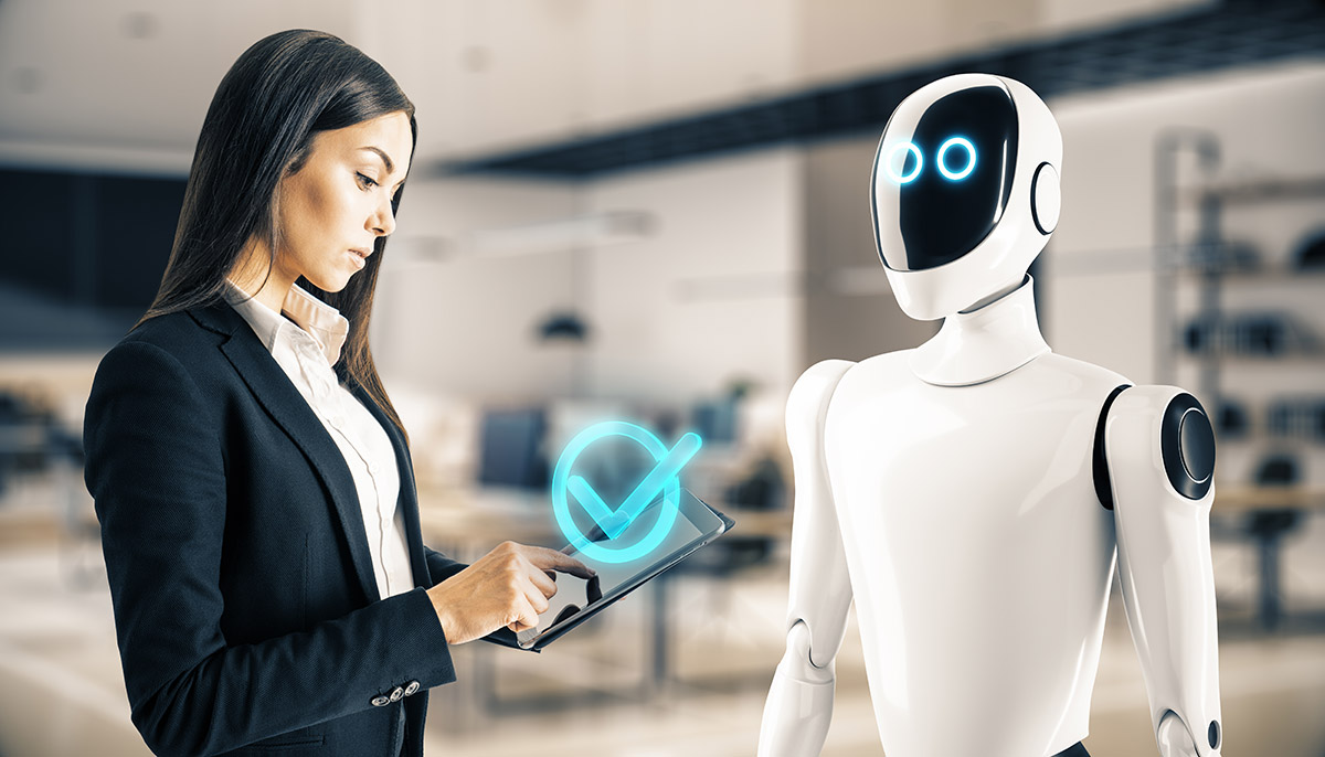Businesswoman interacting with humanoid